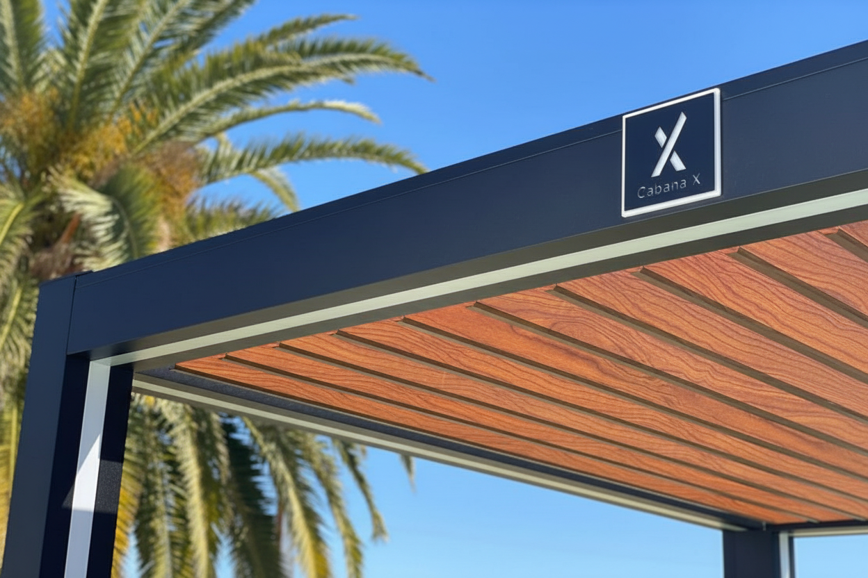StruXure 10' x 10' Luxury Outdoor Cabana | Motorized Louvered Roof, Slat Wall, RGB LED Lighting and Curtain