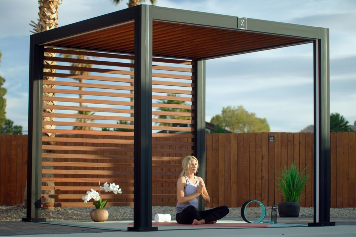 StruXure 10' x 10' Luxury Outdoor Cabana | Motorized Louvered Roof, Slat Wall, RGB LED Lighting and Curtain
