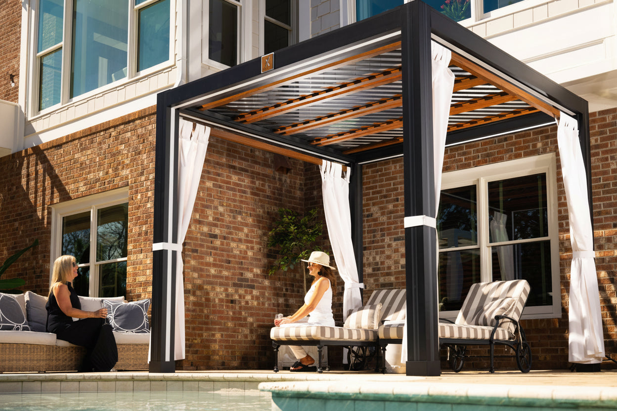 StruXure 10' x 10' Luxury Outdoor Cabana | Tilt Canopy, Curtains and LED Lighting