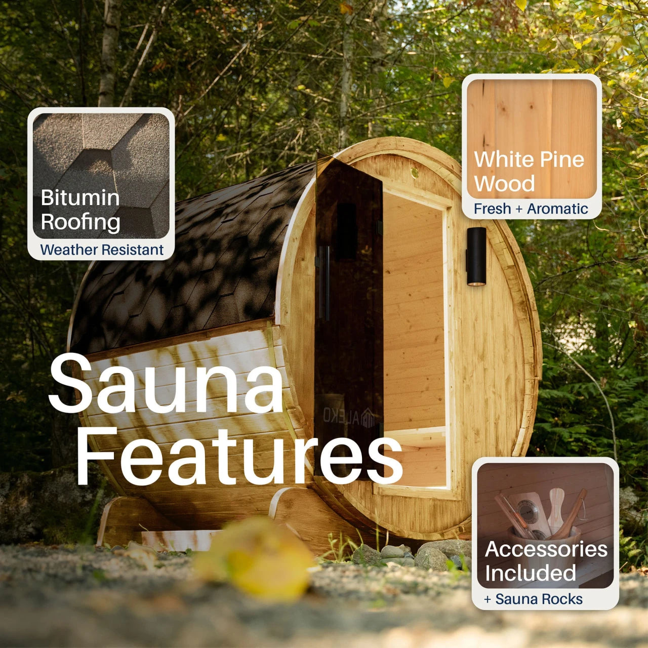 Aleko Anémona White Finland Pine Barrel Sauna 3-4 Person