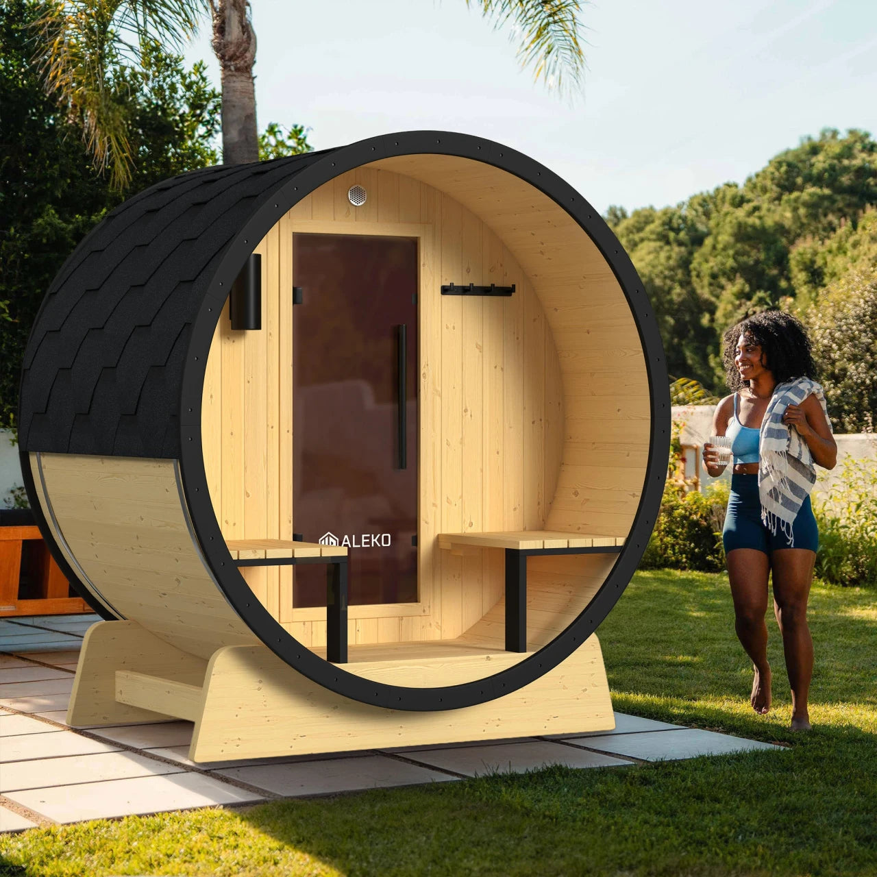 Aleko Celasia White Finland Pine Barrel Sauna with Front Porch Canopy 2-4 Person