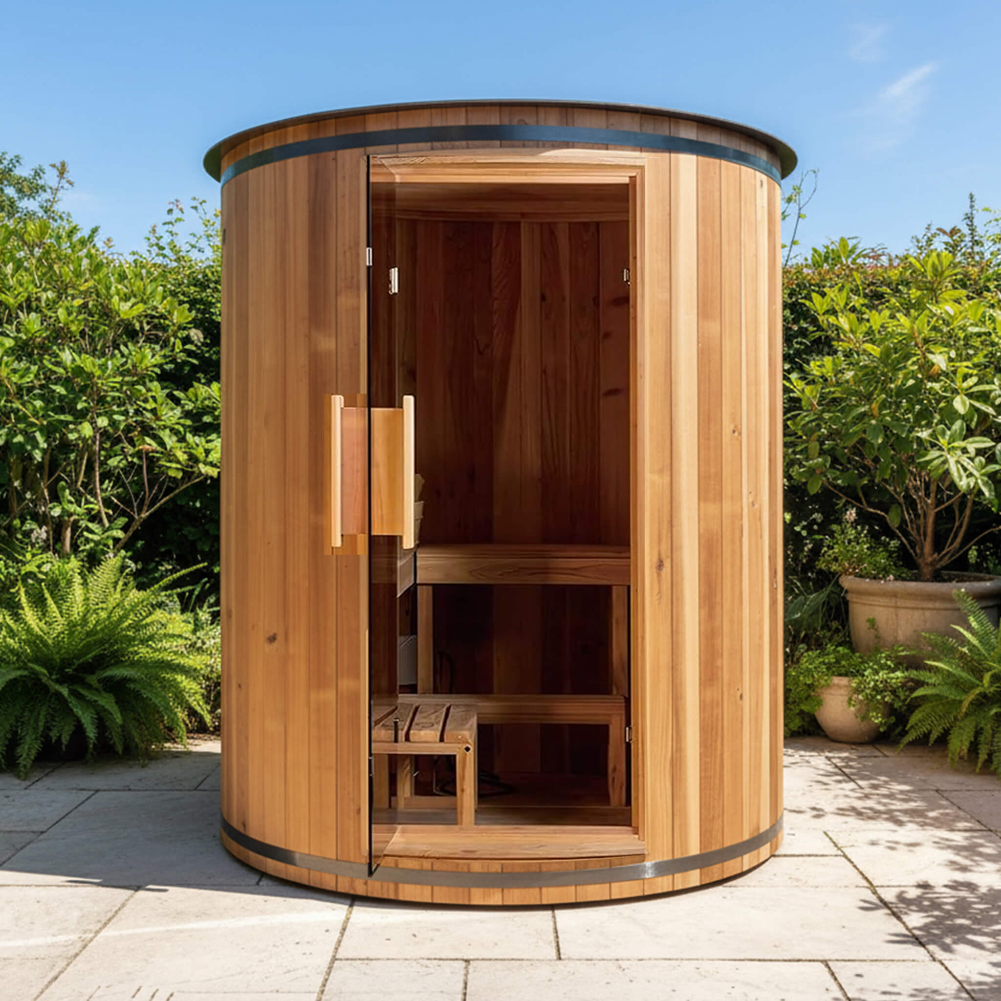 Thermora Barcelona™ Luxury 4-Person Cedar Vertical Barrel Sauna with 6kW Heater & Ambient LED Lighting
