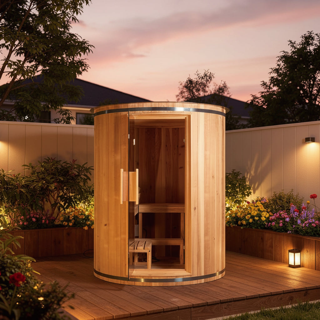 Thermora Barcelona™ Luxury 4-Person Cedar Vertical Barrel Sauna with 6kW Heater & Ambient LED Lighting