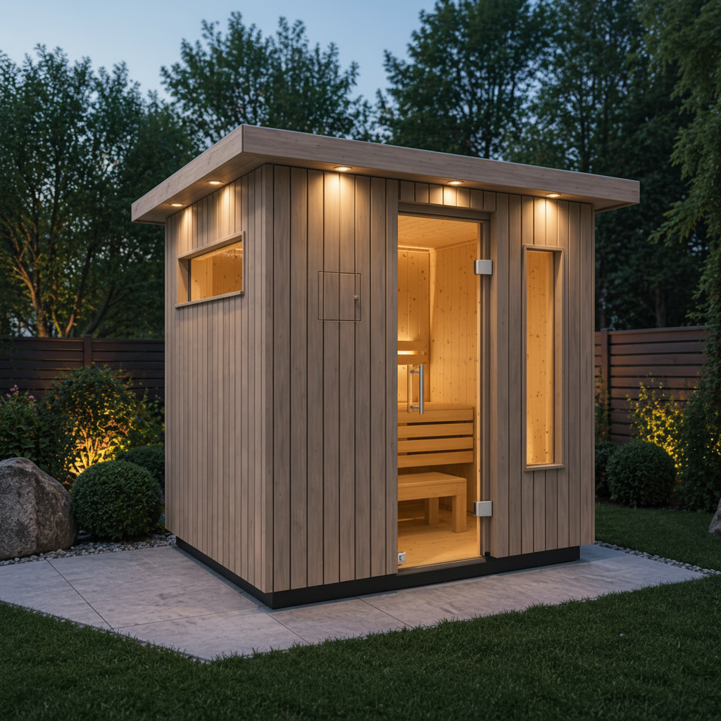 Kohler C2™ Luxury Outdoor Sauna — Weathered Gray Spruce Cabin with FERO Heater (3–6 Person)