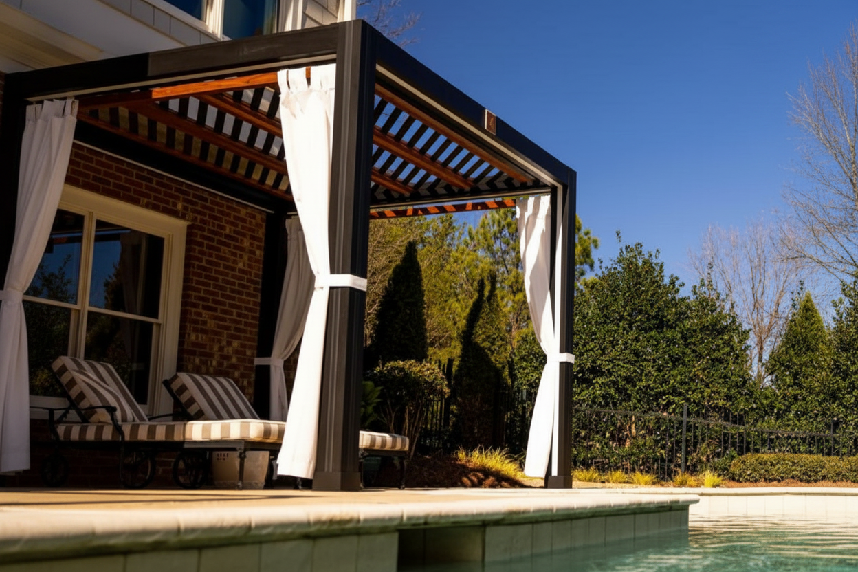 StruXure 10' x 10' Luxury Outdoor Cabana | Tilt Canopy, Curtains and LED Lighting