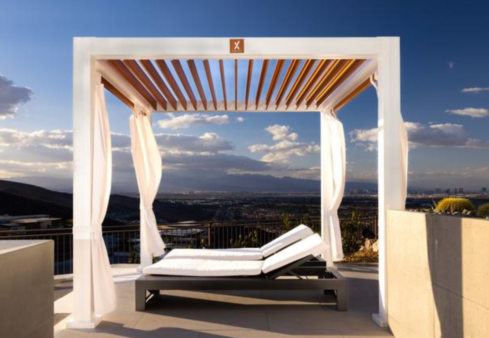 StruXure 10' x 10' Luxury Outdoor Cabana | Motorized Louvered Roof, Curtains, White Frame and Teak Louvers