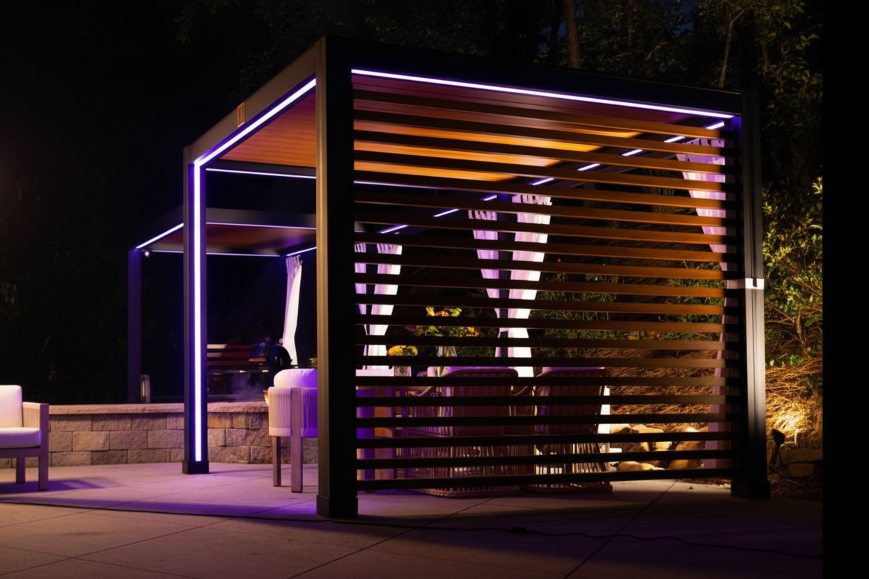 StruXure 10' x 10' Luxury Outdoor Cabana | Motorized Louvered Roof, Slat Wall, RGB LED Lighting and Curtain