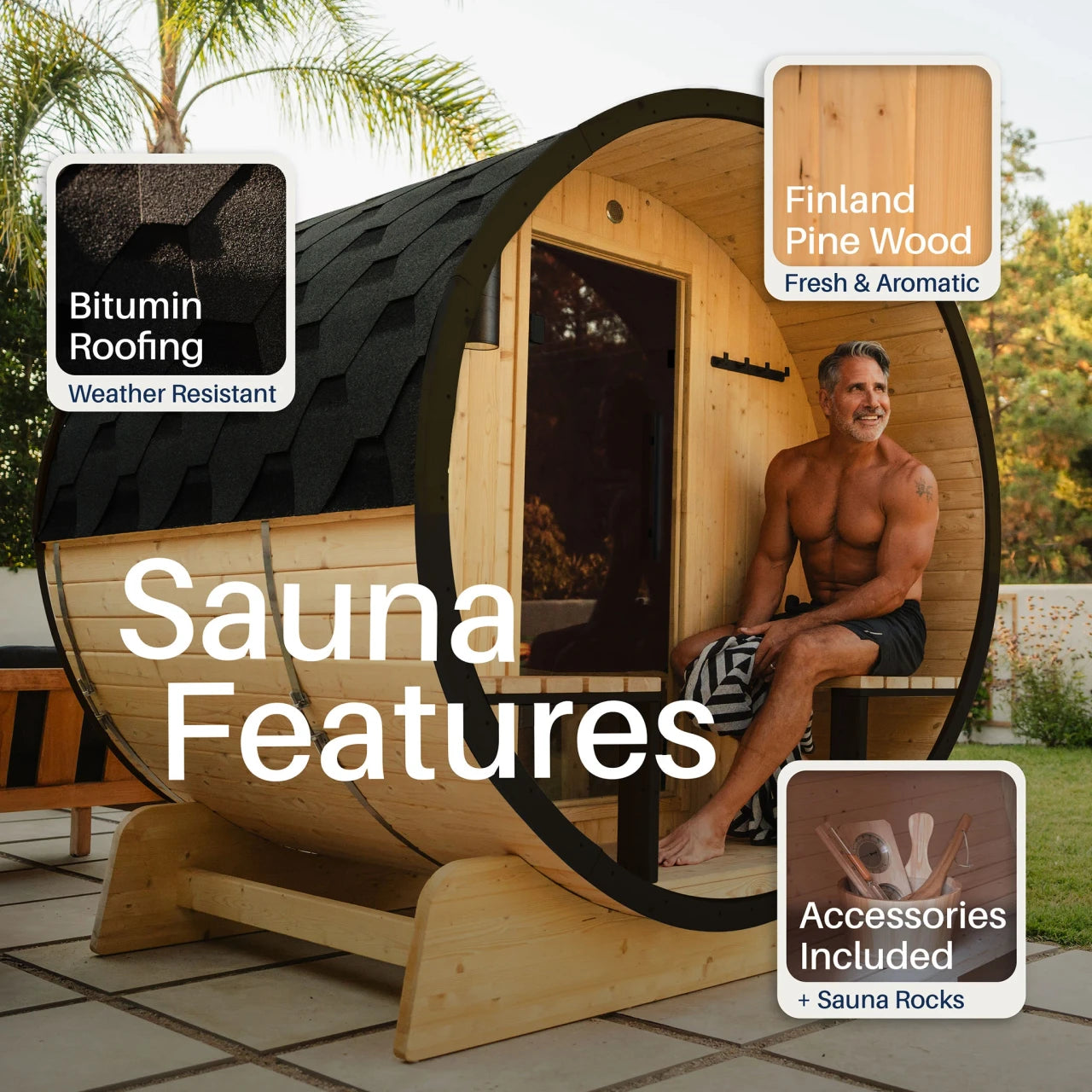 Aleko Celasia White Finland Pine Barrel Sauna with Front Porch Canopy 2-4 Person
