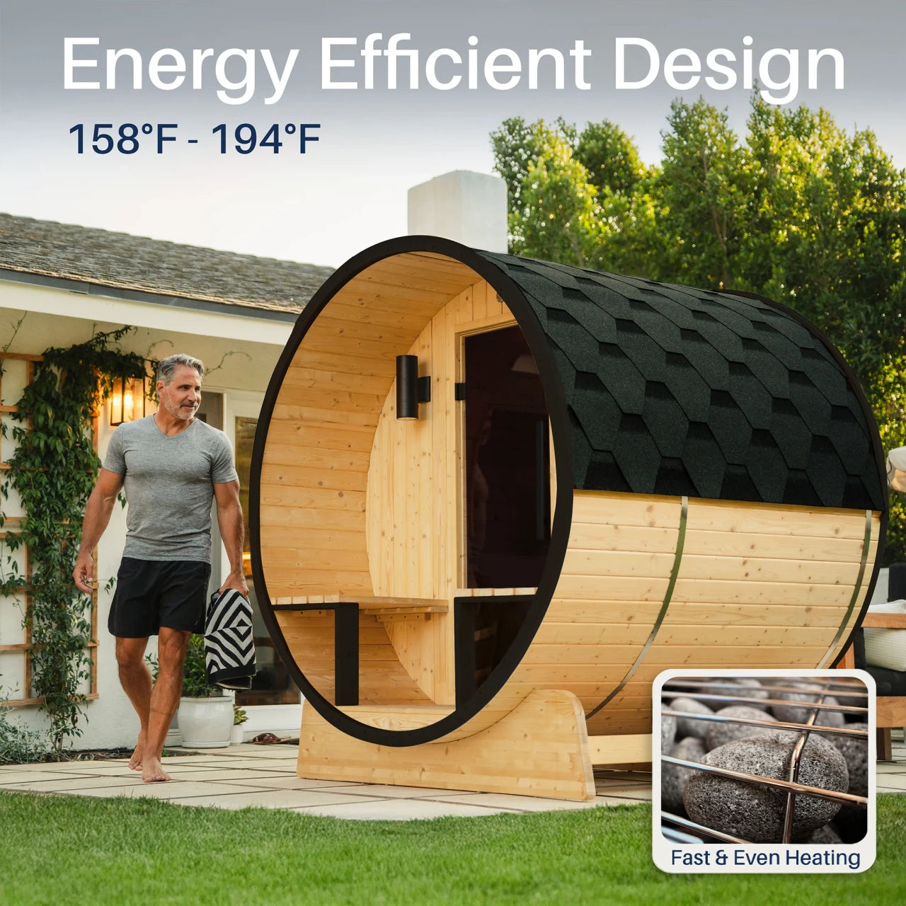 Aleko Celasia White Finland Pine Barrel Sauna with Front Porch Canopy 2-4 Person