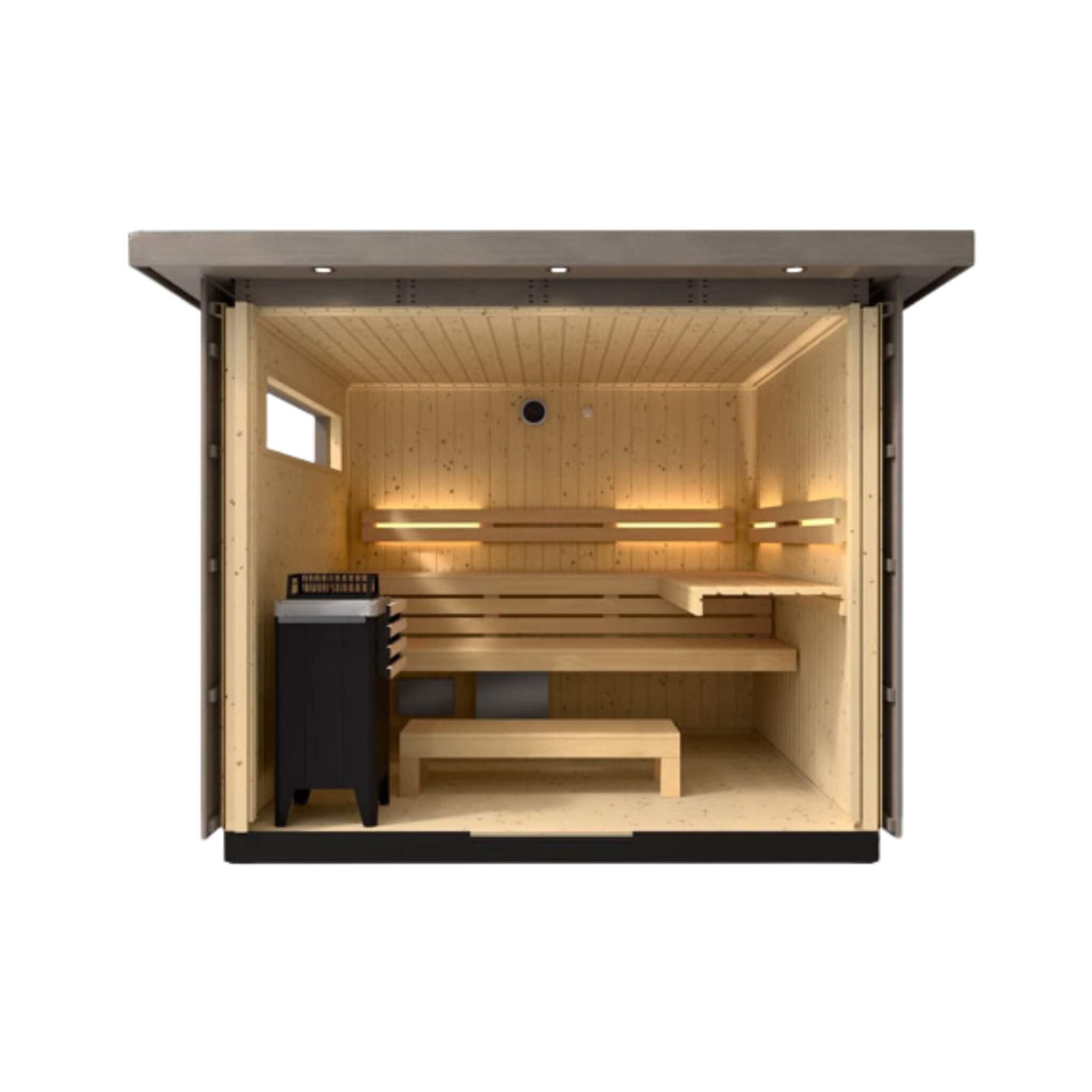 Kohler C2™ Luxury Outdoor Sauna — Weathered Gray Spruce Cabin with FERO Heater (3–6 Person)