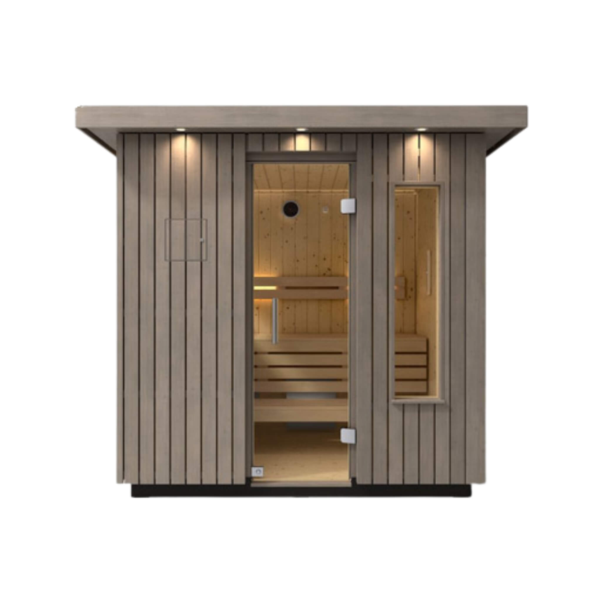 Kohler C2™ Luxury Outdoor Sauna — Weathered Gray Spruce Cabin with FERO Heater (3–6 Person)