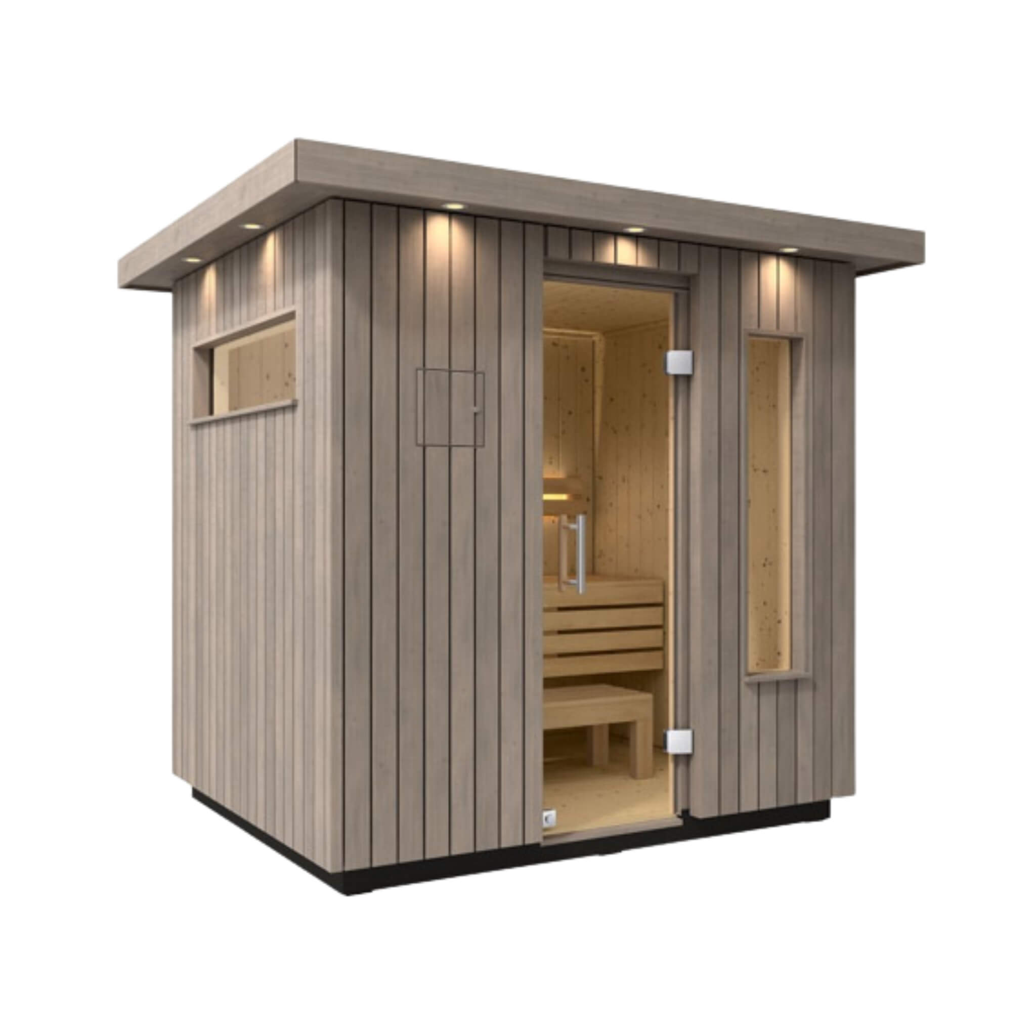 Kohler C2™ Luxury Outdoor Sauna — Weathered Gray Spruce Cabin with FERO Heater (3–6 Person)