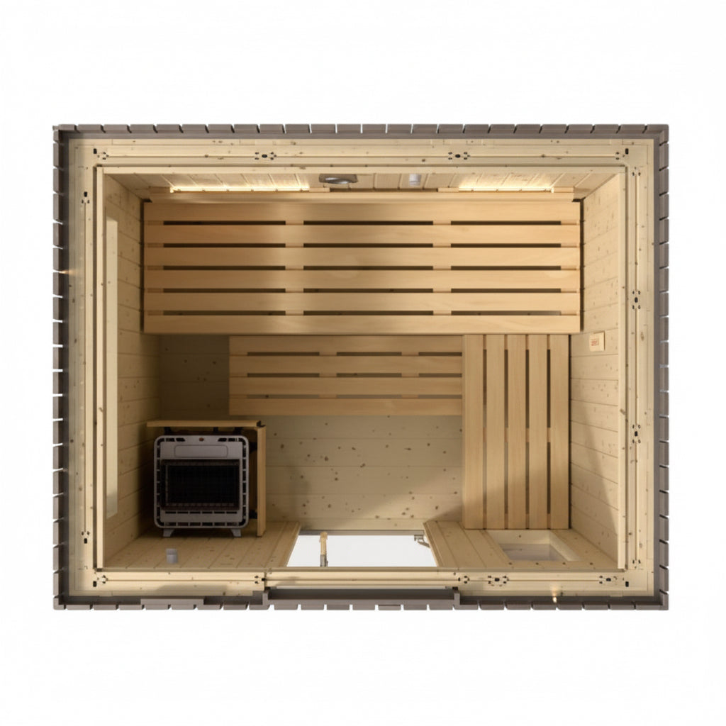 Kohler C2™ Luxury Outdoor Sauna — Weathered Gray Spruce Cabin with FERO Heater (3–6 Person)