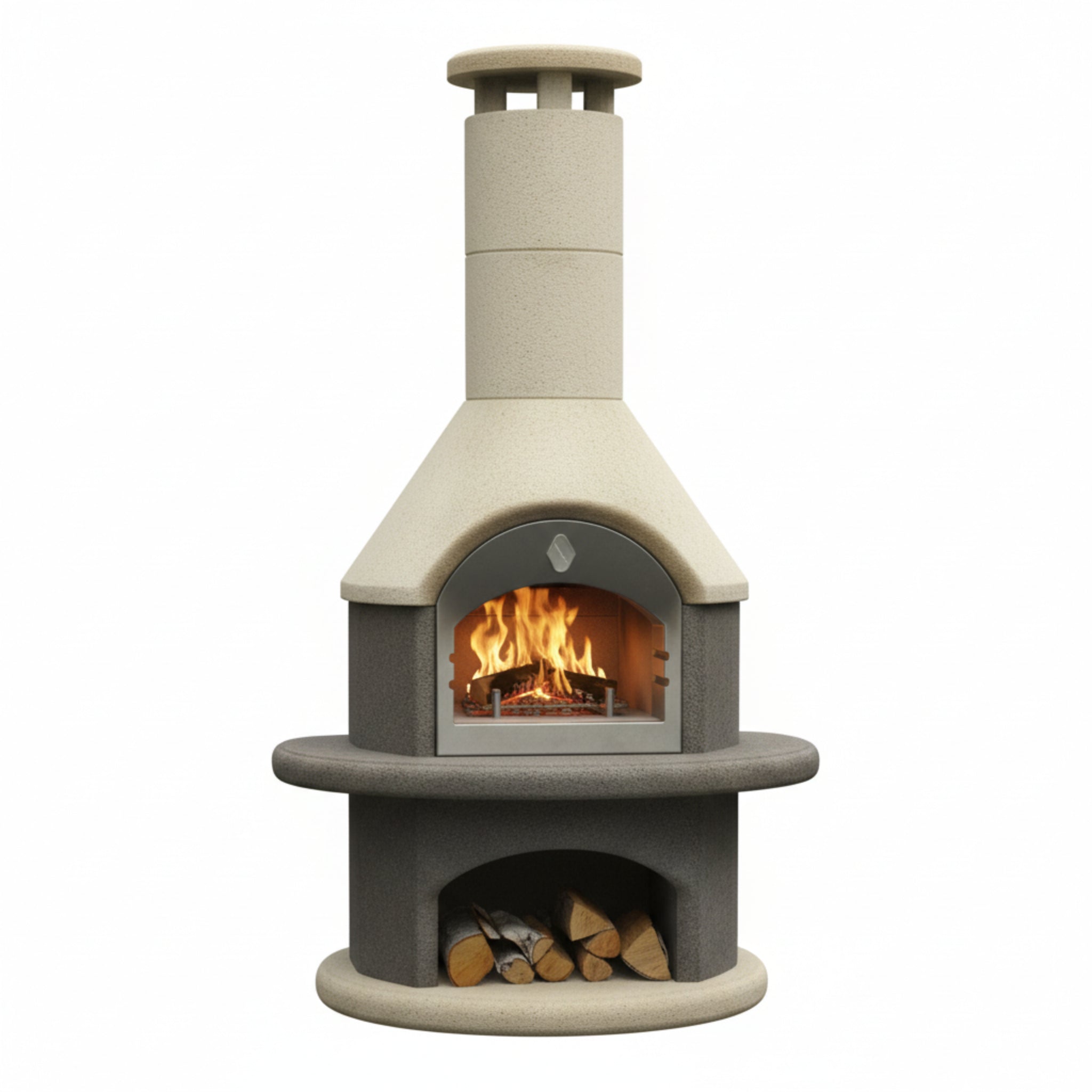 Concrete Outdoor Fireplace with Grill, Wood Burning Fireplace with Wood Storage and Chimney, Include Grill Rack & Charcoal Pan, 81.9”H