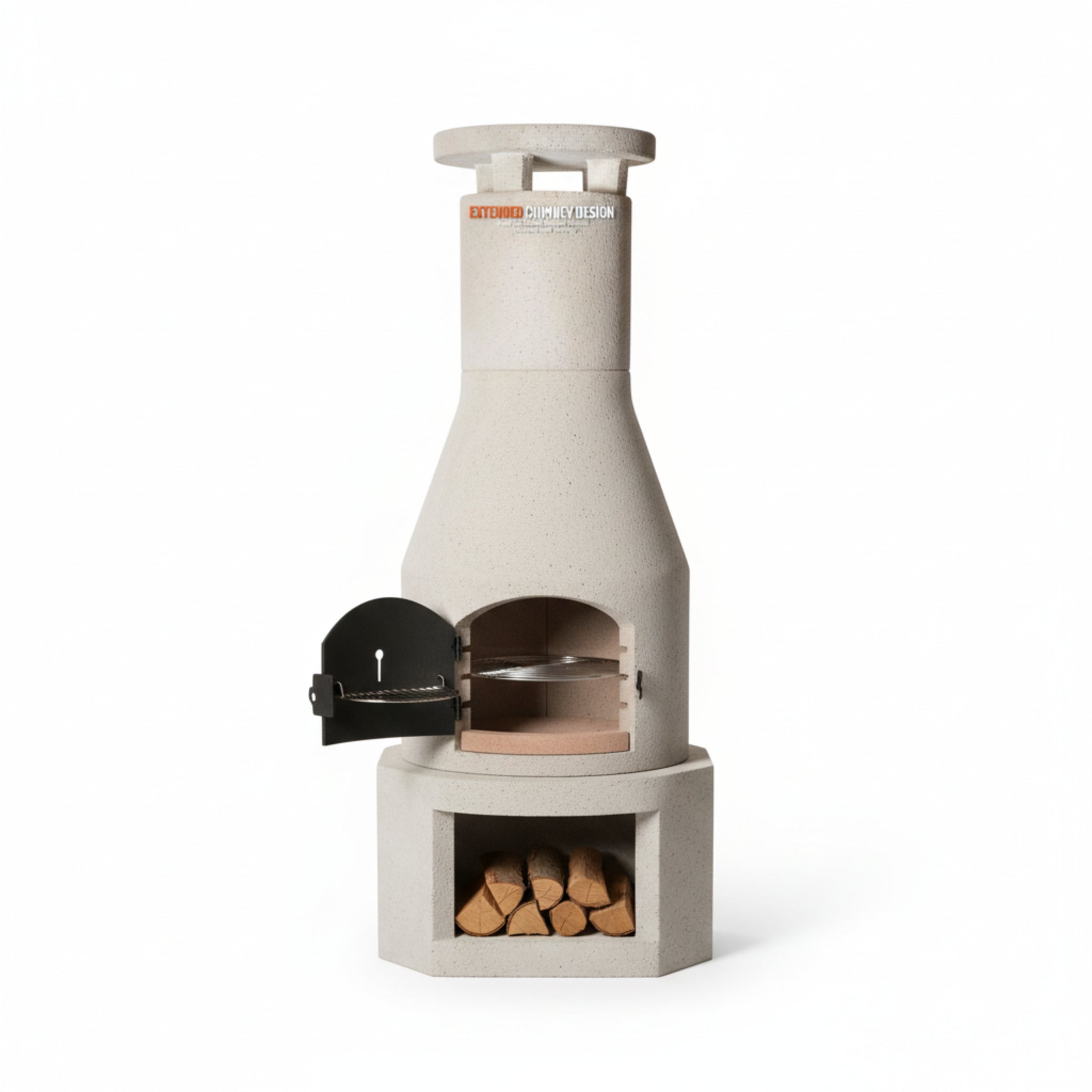 Concrete Outdoor Fireplace with Grill, Wood Burning Fireplace with Wood Storage and Chimney, Include Grill Rack & Charcoal Pan, 81.9”H